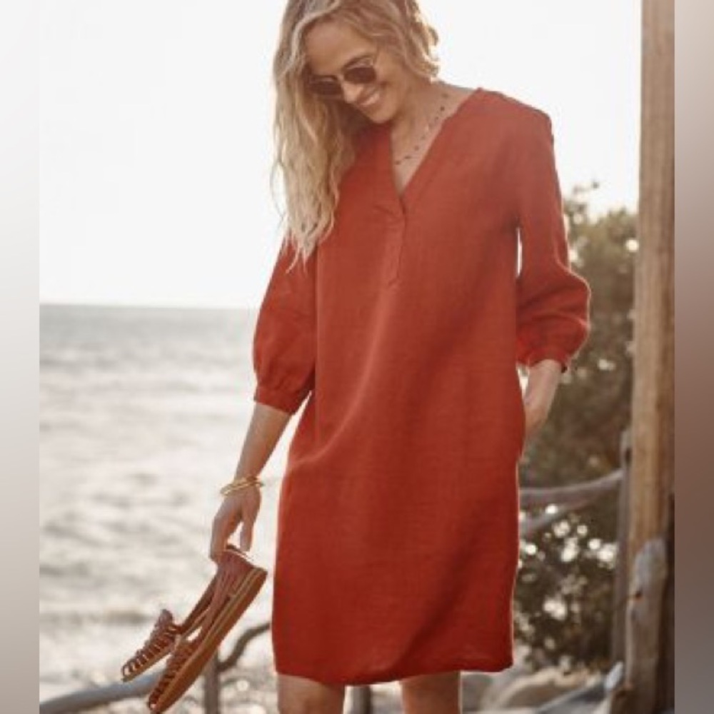 Garnet Hill Linen Artist Smock Dress Paprika Chambray NWT